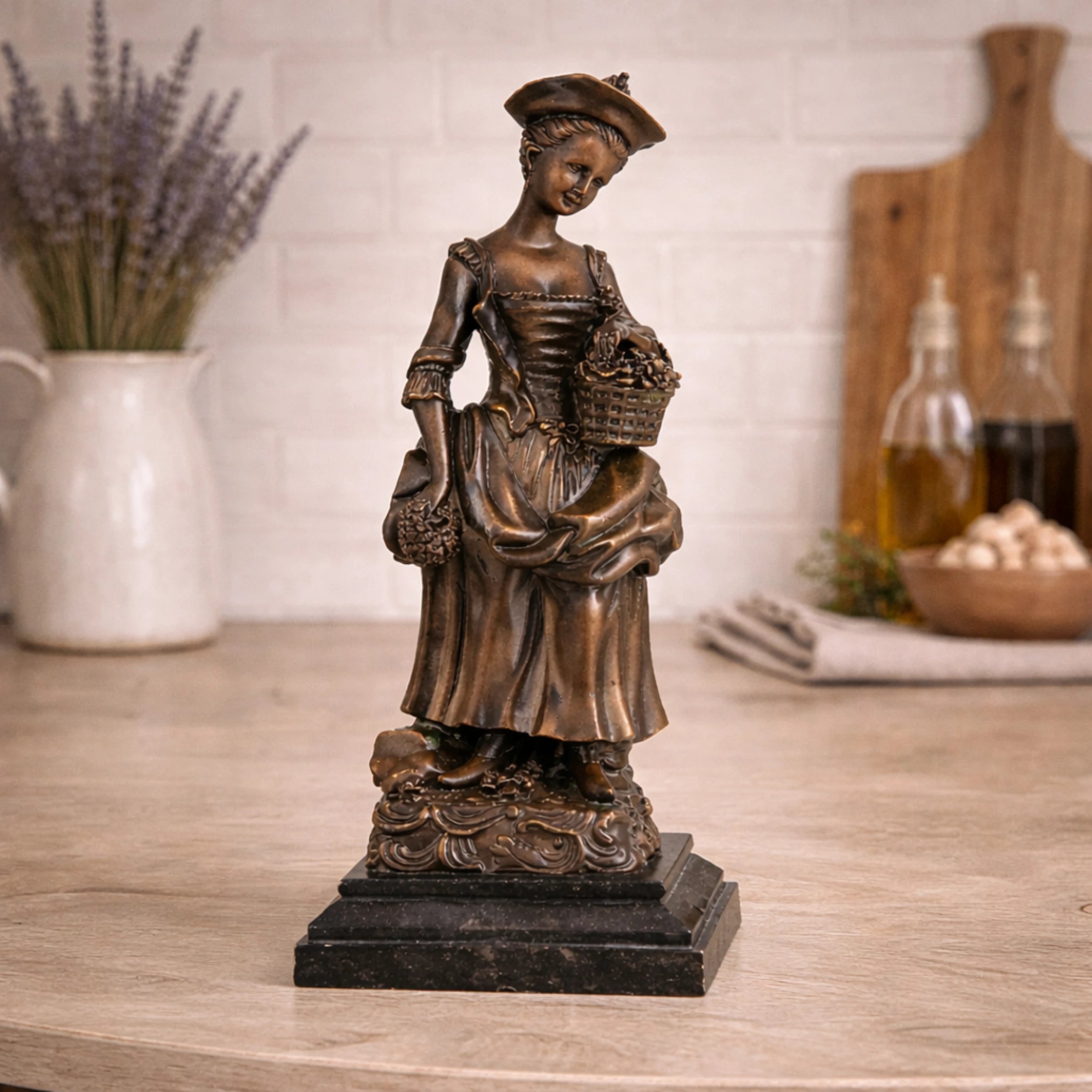 Elegant 18th century style bronze flower girl sculpture with tricorn hat and floral basket, Rococo maiden statue on stepped black marble base, loss wax casting fine art.