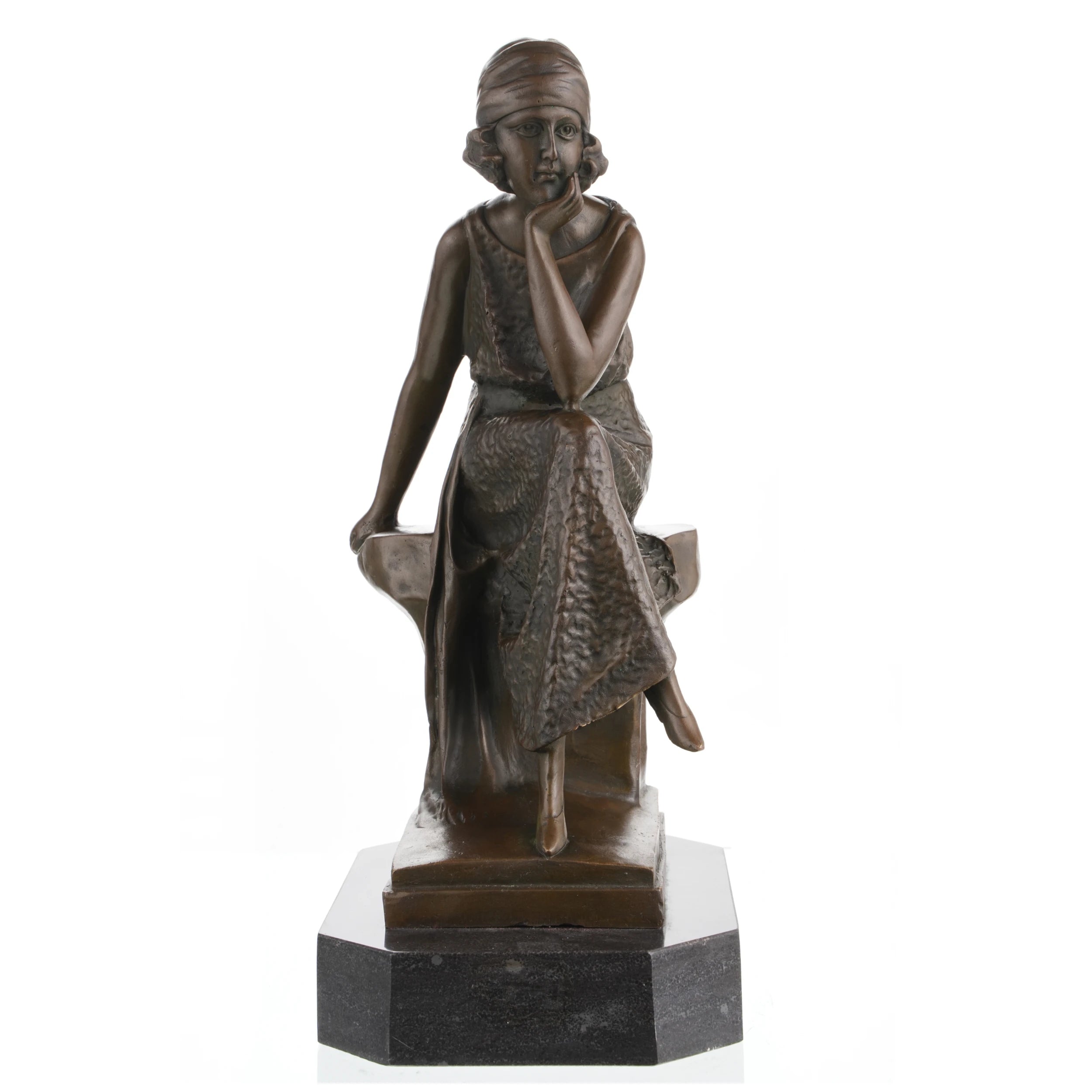 Art Deco bronze flapper girl statue, 1920s jazz age seated woman sculpture on marble base, vintage style home decor art.