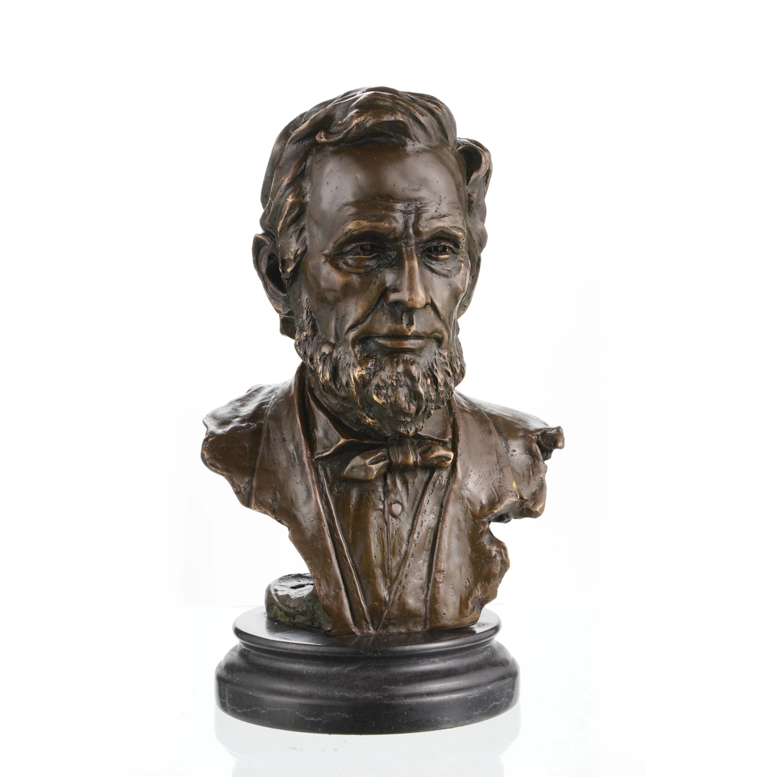 Realistic Abraham Lincoln bronze bust on black marble base, luxury executive office decor, historical American president statue.