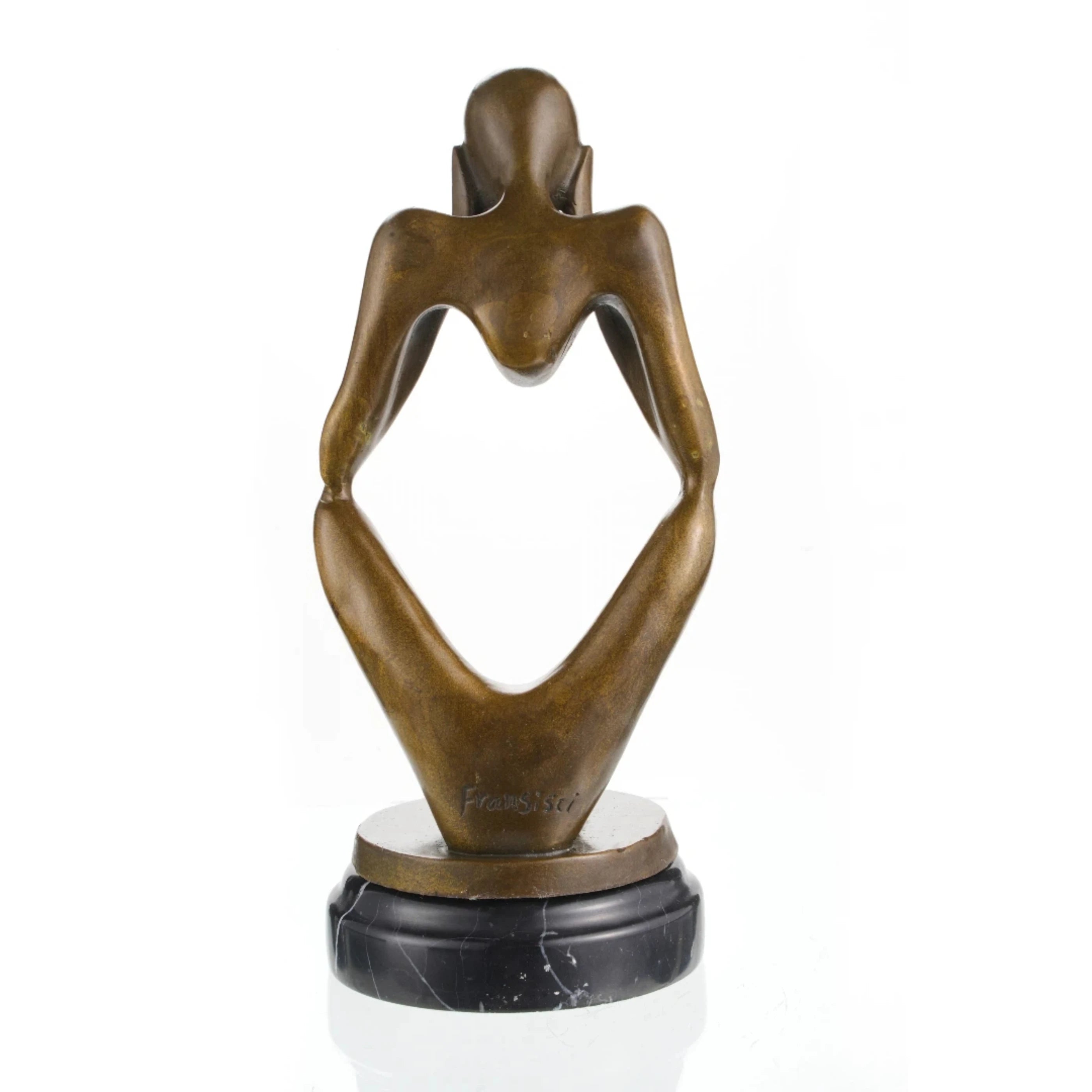 Minimalist abstract bronze sculpture of a seated faceless figure in deep thought, introspective human form statue on black marble base, loss wax casting modern art.