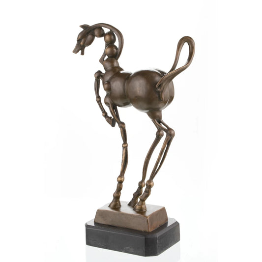 Abstract geometric bronze horse statue with spherical joints, modern equine sculpture on black marble base, 2026 Year of the Horse symbolic art.