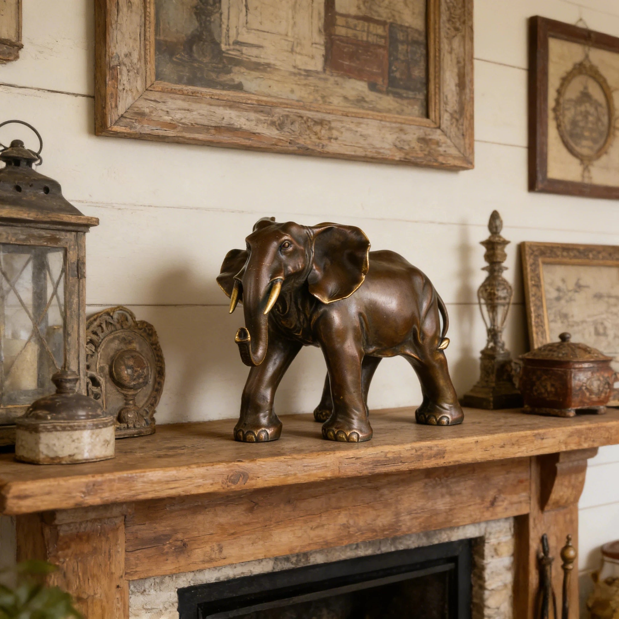 Majestic African elephant bronze statue featuring rich patina and polished highlights. A powerful wildlife sculpture symbolizing strength, wisdom, and prosperity.