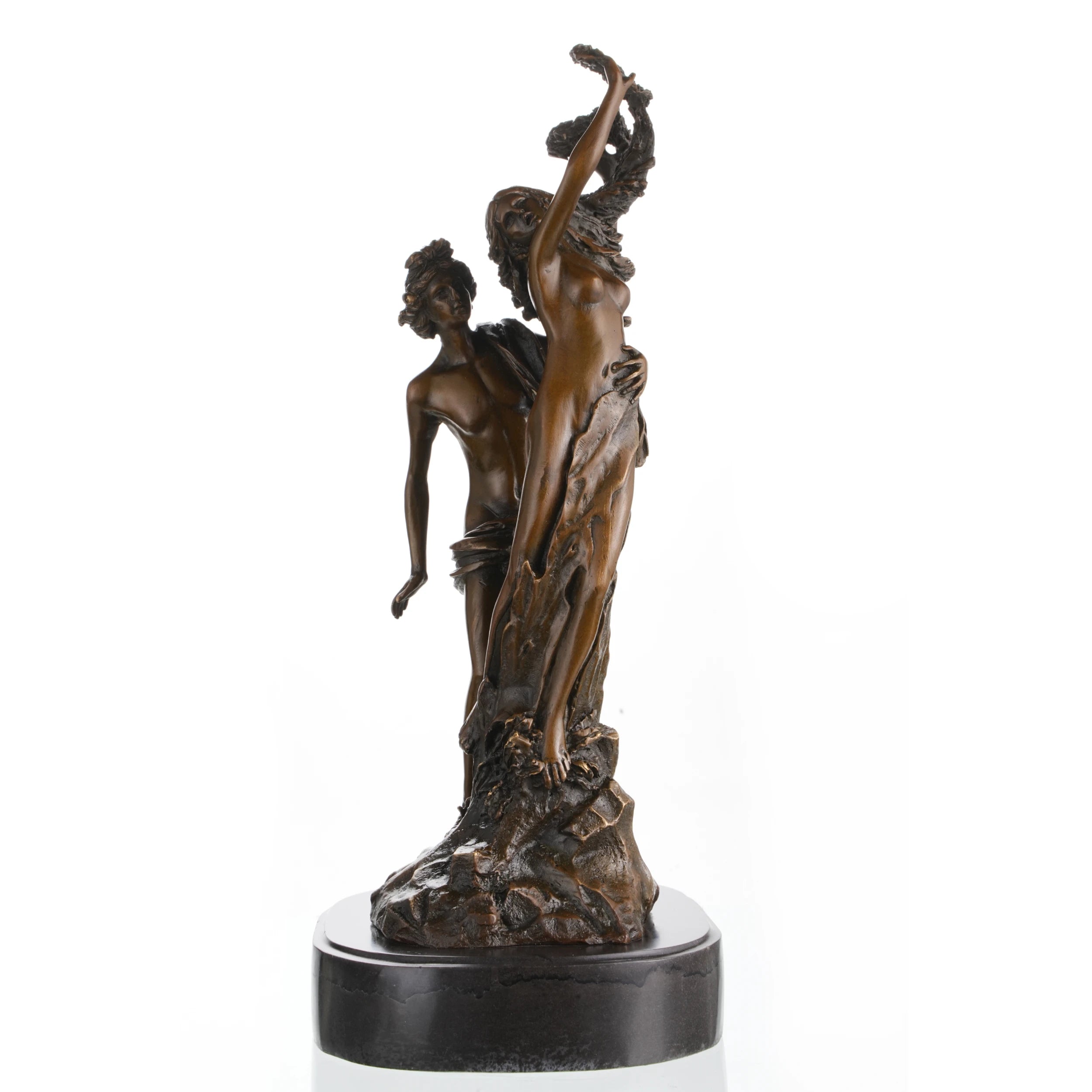 Apollo and Daphne bronze statue showing transformation into laurel tree, classical Greek mythology statue on oval black marble base, loss wax casting fine art.
