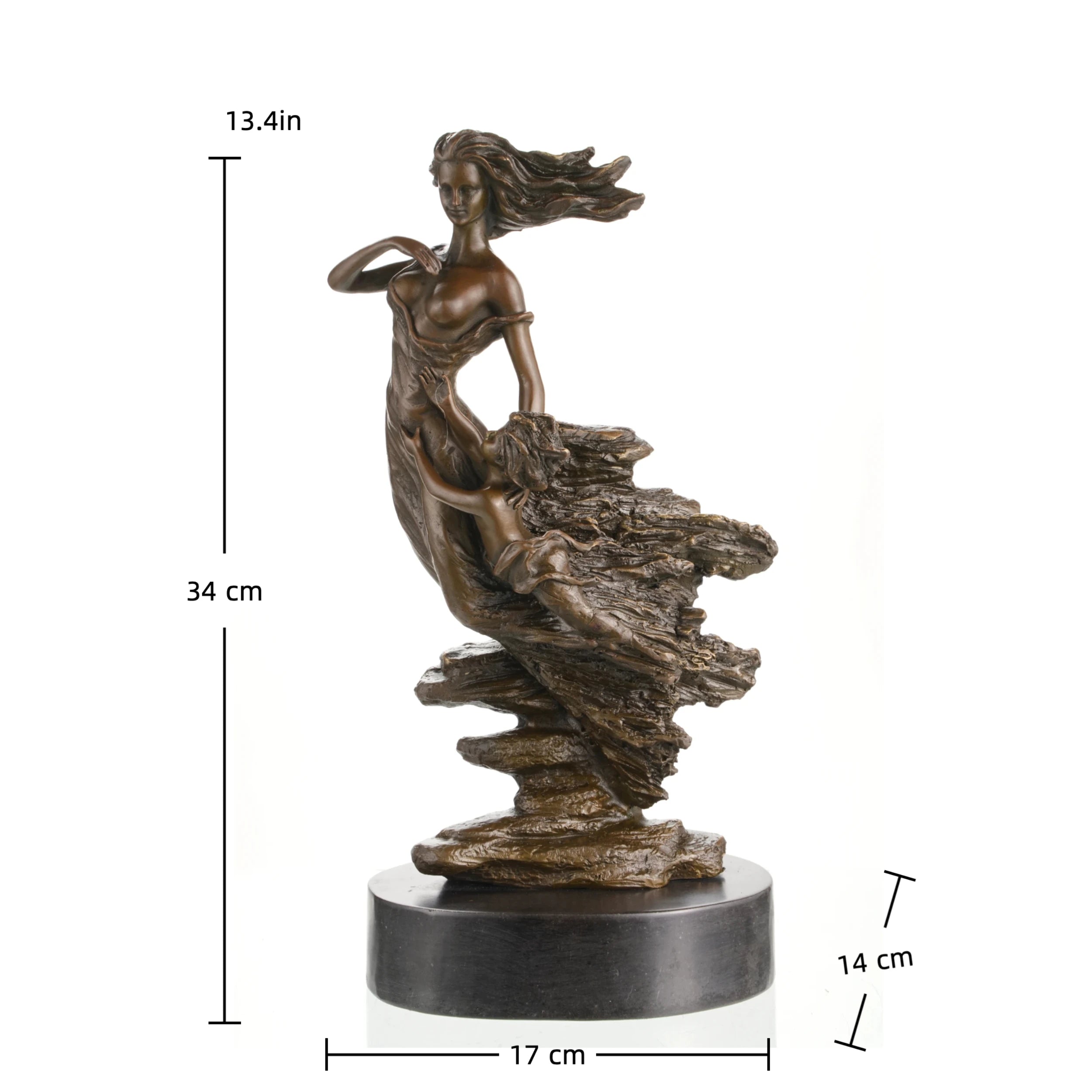 Art Nouveau-style bronze statue of mother and child on marble base