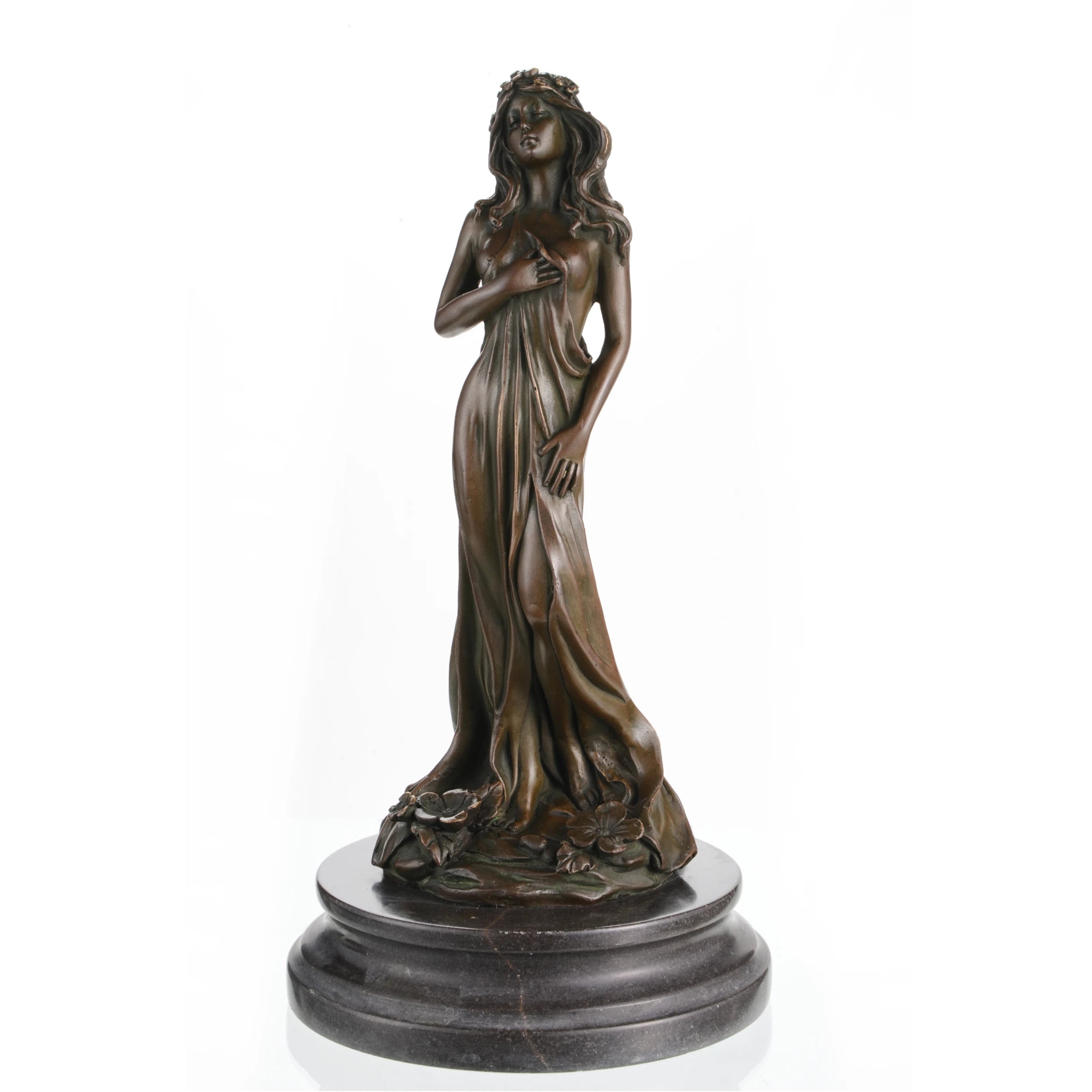 Elegant Art Nouveau bronze floral maiden sculpture with flowing gown and flowers, slender female figure on tiered circular dark marble base, loss wax casting fine art.