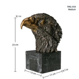 This bronze sculpture portrays the majestic head of a bald eagle in a powerful bust form, expertly crafted using the traditional lost-wax casting technique. The sculpture captures the eagle in a regal and alert pose, its head turned slightly to the side as if scanning the horizon with sharp focus and commanding presence.