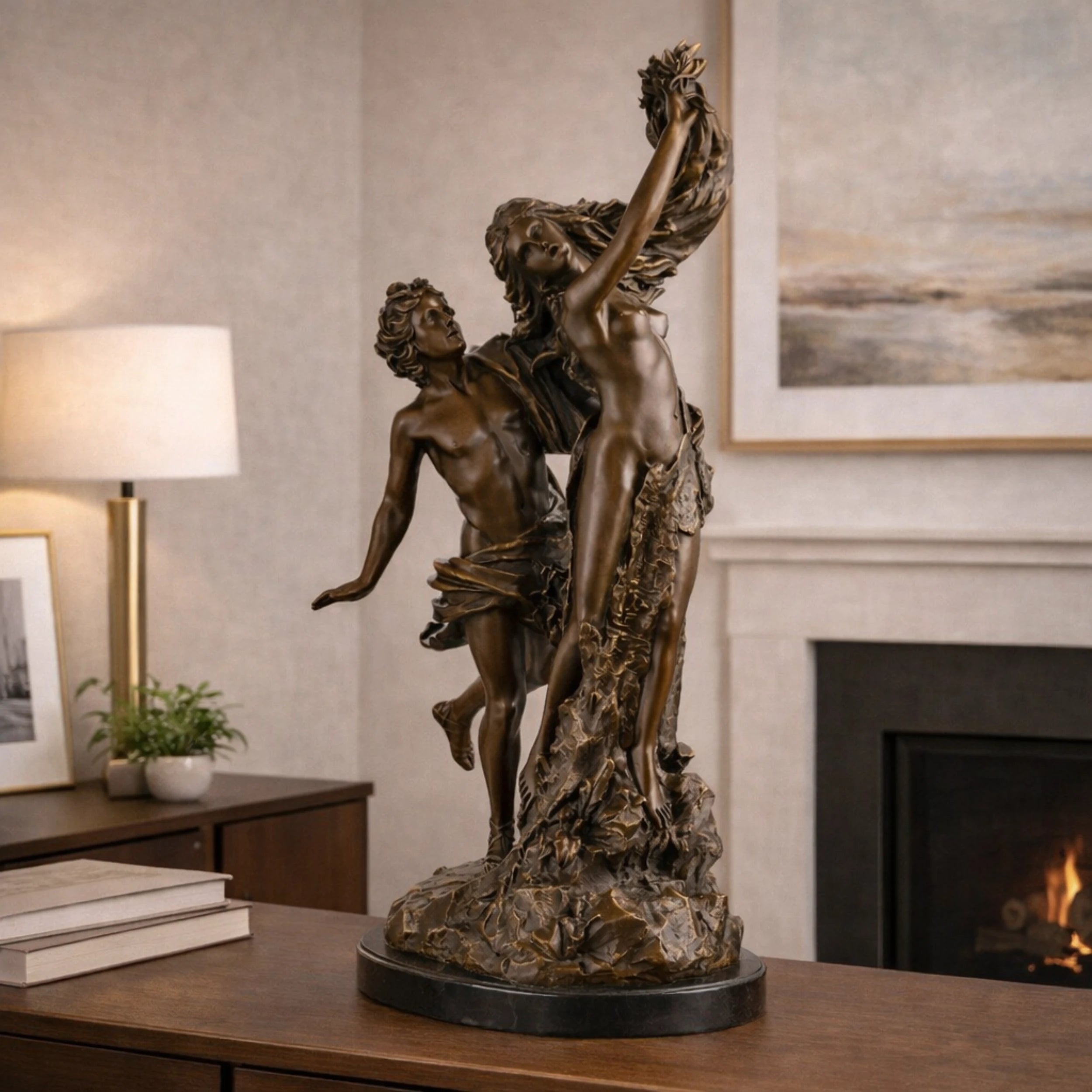 Dramatic bronze Cupid and Psyche sculpture in tender embrace, mythological love and soul statue on oval black marble base, loss wax casting romantic fine art.