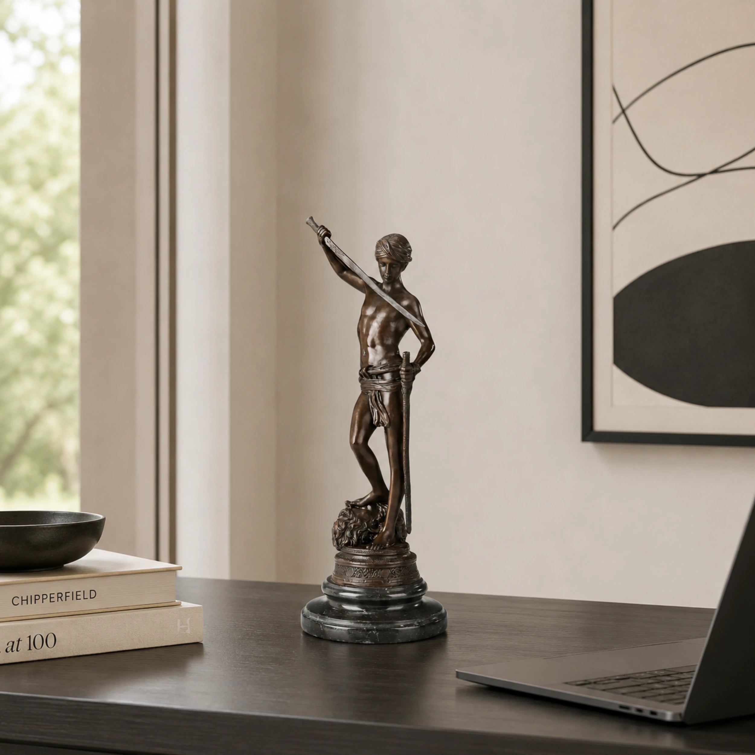 Bronze David and Goliath Statue for studies, executive offices, libraries, galleries, and classical interiors.