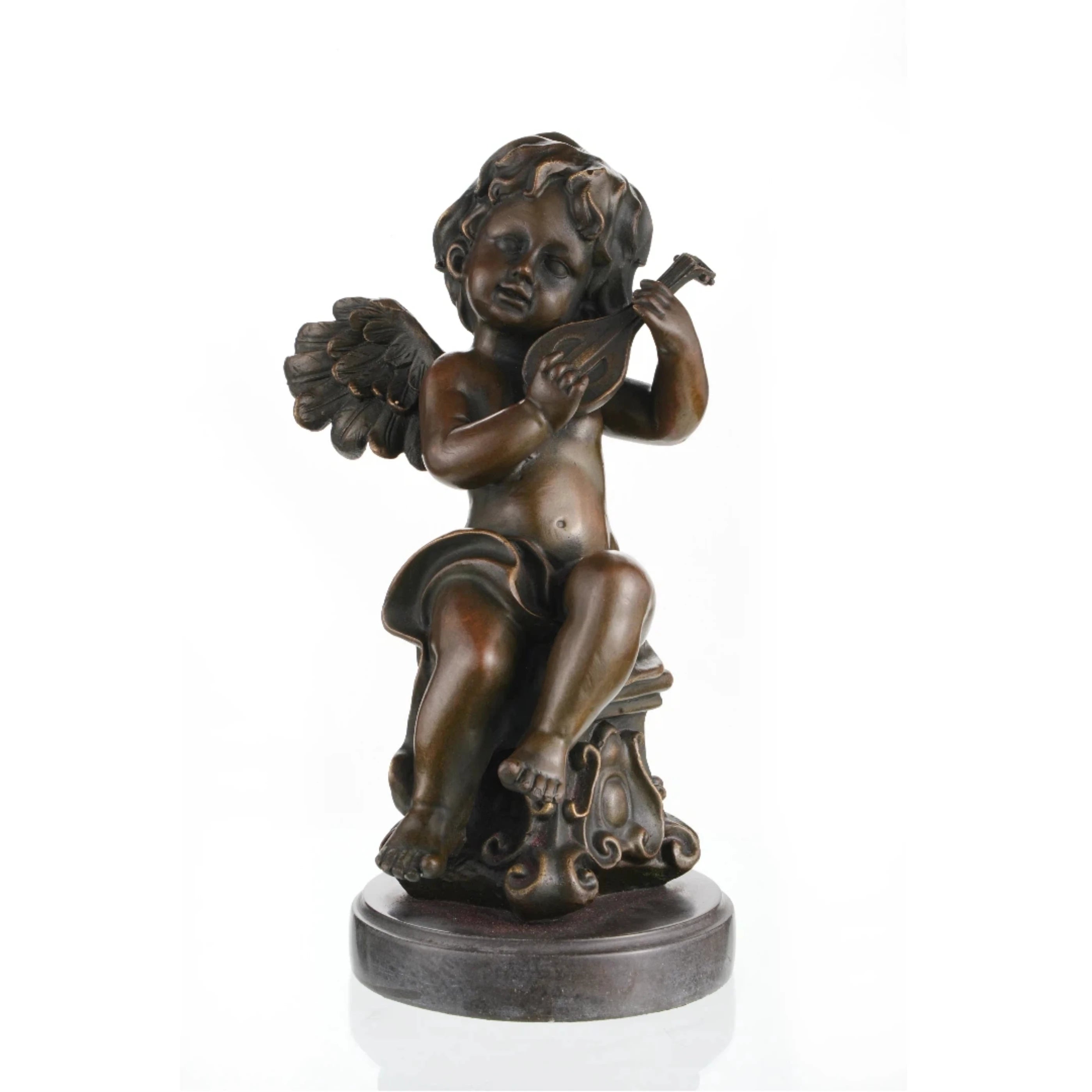 Charming bronze cherub sculpture playing mandolin, seated putto with lute on scroll-carved pedestal, loss wax casting musical art on dark marble base.