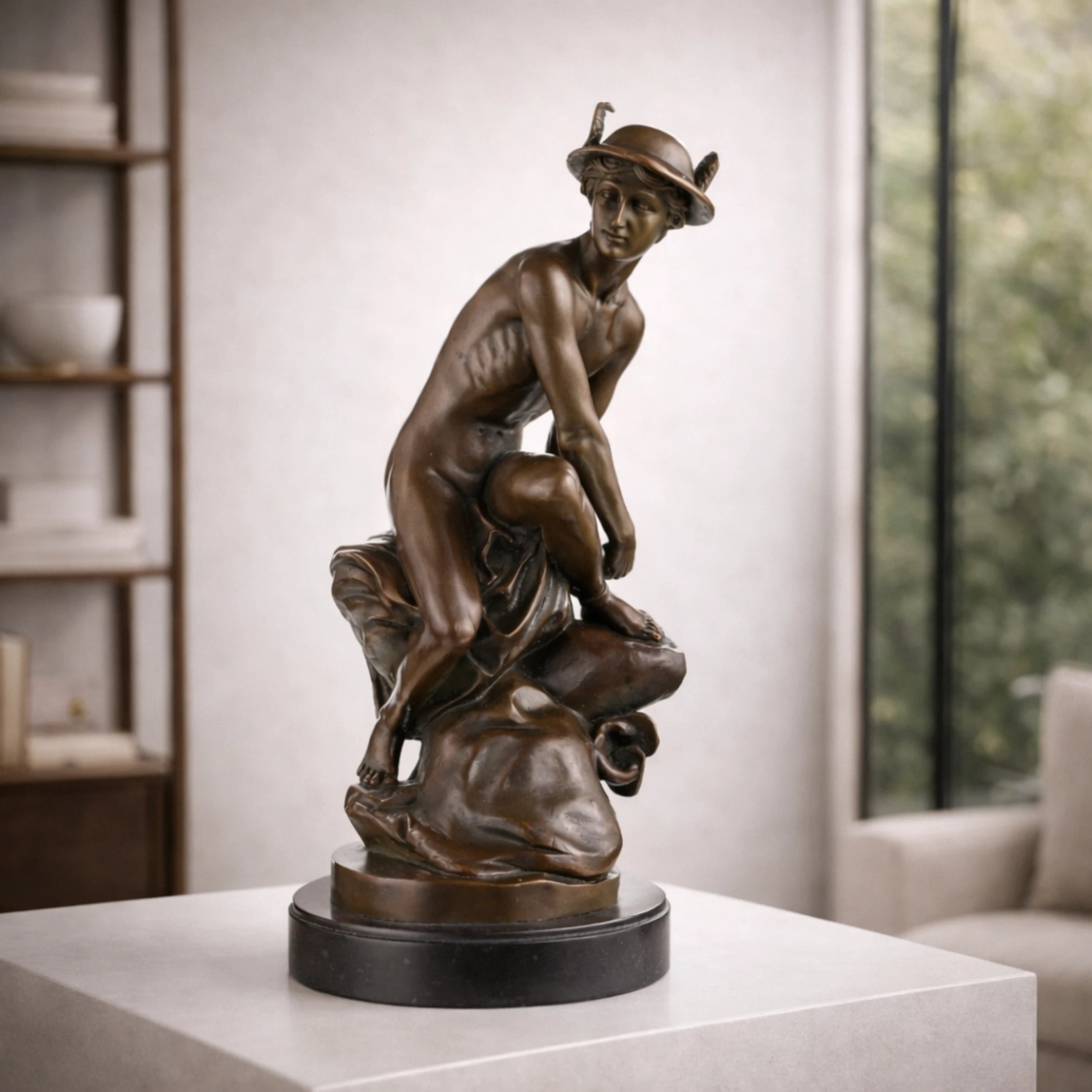 Classical bronze Hermes Mercury statue with winged hat, dynamic athletic god sculpture on round black marble base, loss wax casting mythological art.