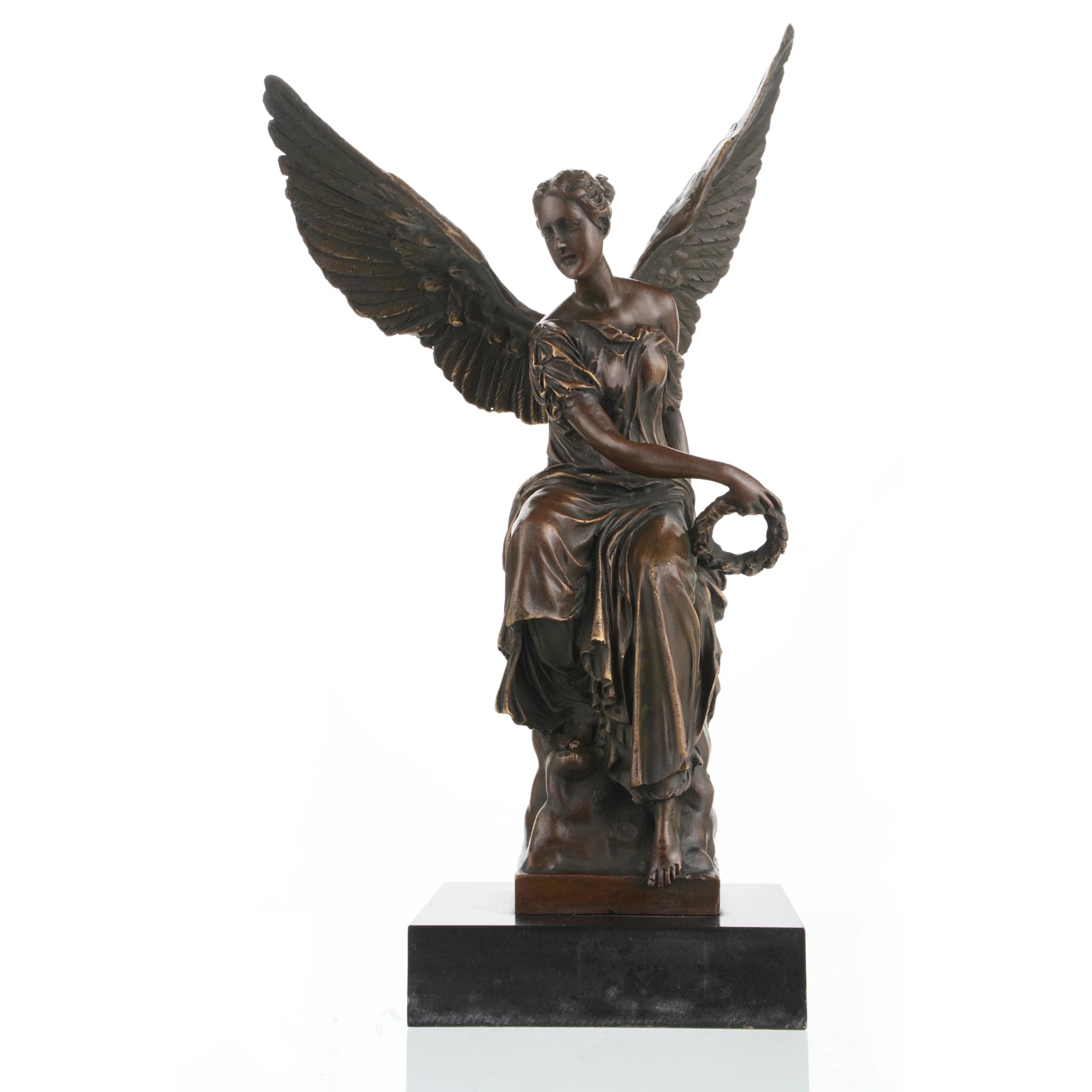 Classical bronze goddess of victory sculpture seated with wings and laurel wreath, winged angel Nike sculpture on black marble base, loss wax casting achievement art.