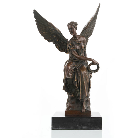 Classical bronze goddess of victory sculpture seated with wings and laurel wreath, winged angel Nike sculpture on black marble base, loss wax casting achievement art.