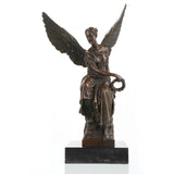 Classical bronze goddess of victory sculpture seated with wings and laurel wreath, winged angel Nike sculpture on black marble base, loss wax casting achievement art.