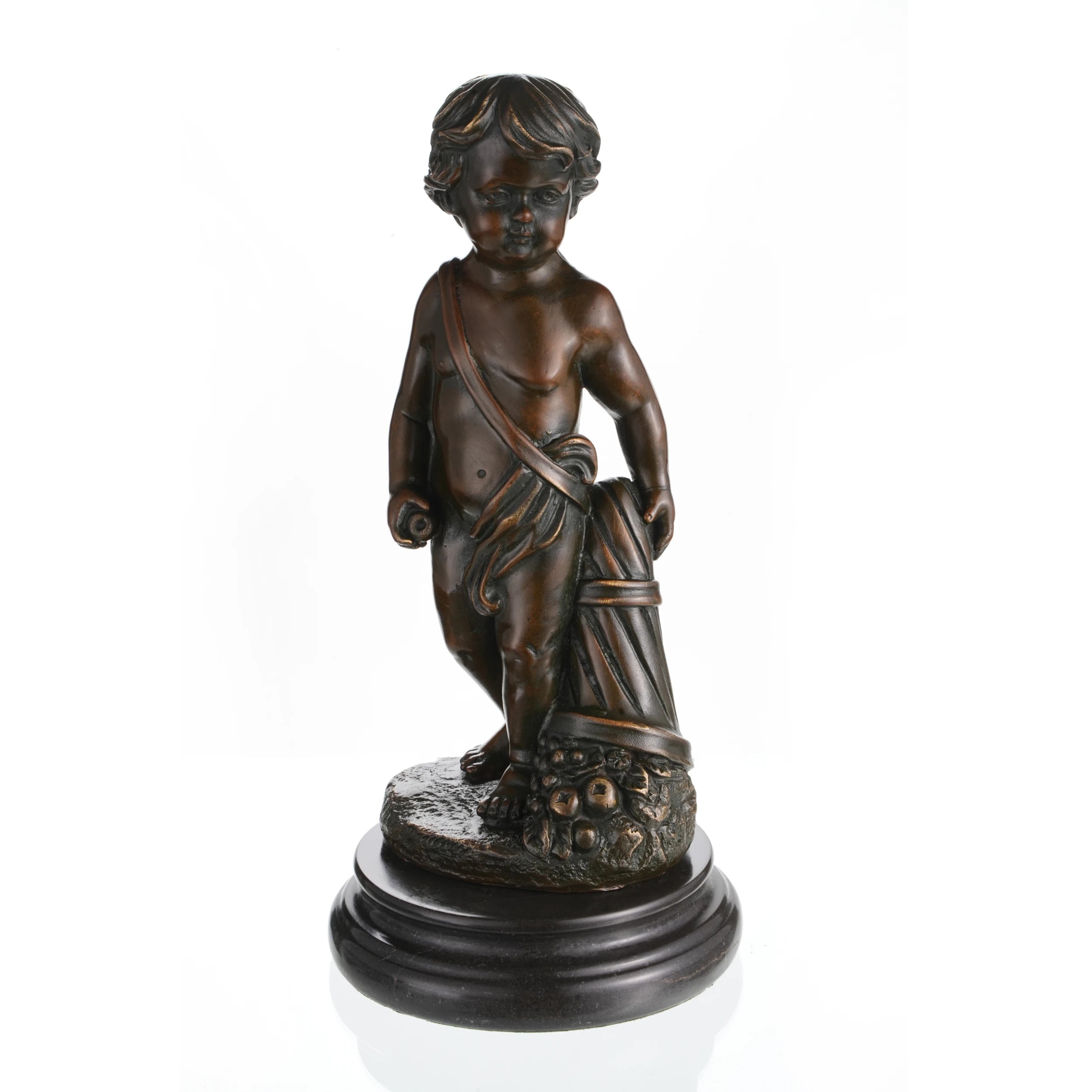 Bronze putto statue with cornucopia symbolizing abundance on marble base