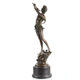 Classical bronze statue of Greek god Pan playing syrinx pan flute, athletic mythological figure on cylindrical black marble base, loss wax casting art for home library.