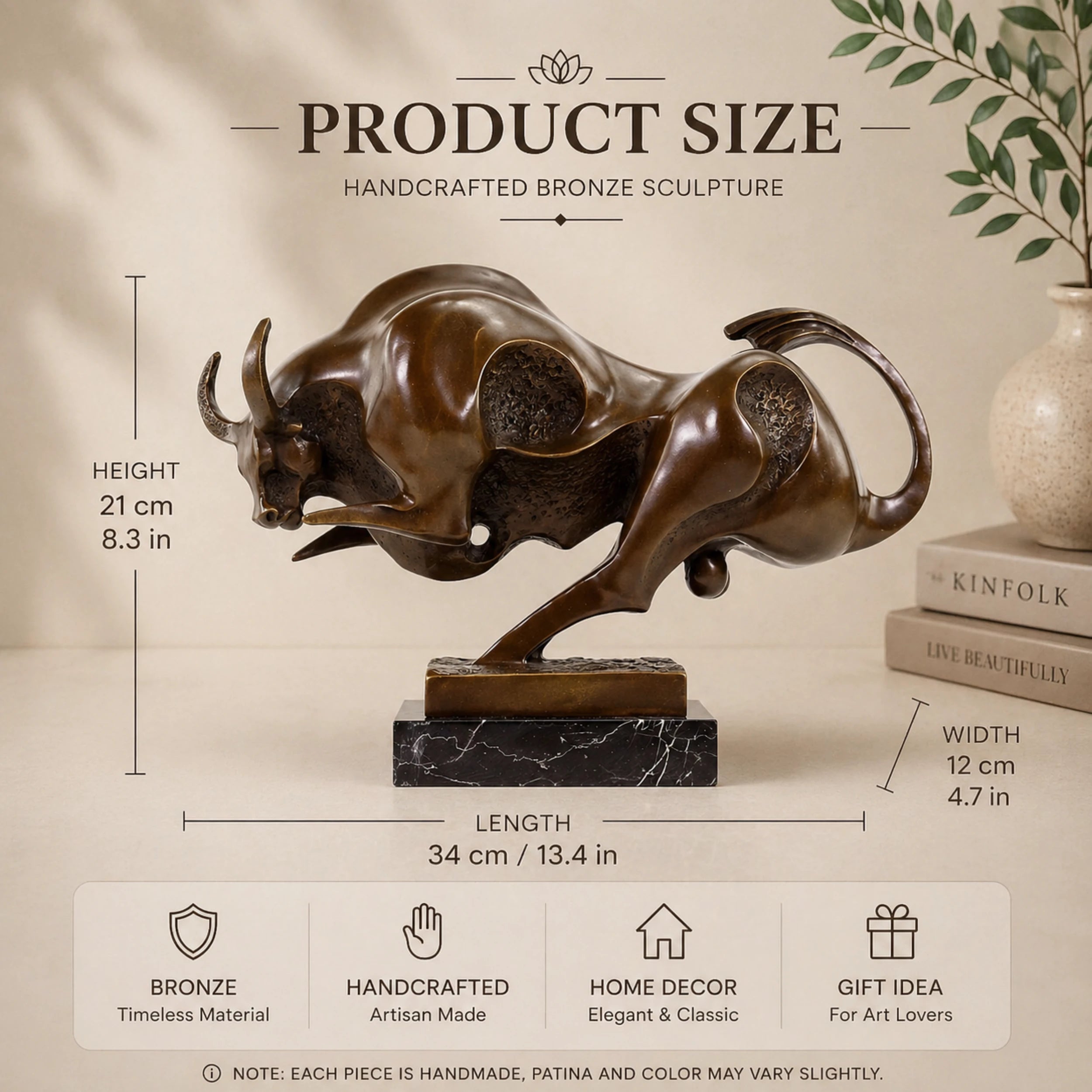 Contemporary abstract bronze charging bull sculpture with polished curves and textured voids, modern geometric animal statue on black marble base, loss wax casting fine art.