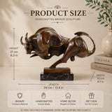Contemporary abstract bronze charging bull sculpture with polished curves and textured voids, modern geometric animal statue on black marble base, loss wax casting fine art.