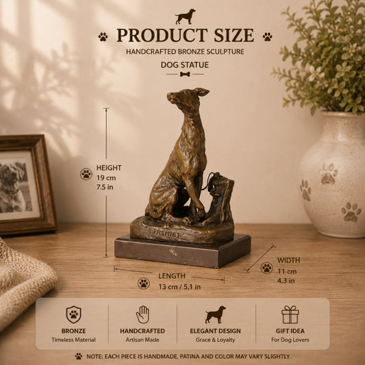 Elegant seated greyhound bronze sculpture inspired by Emmanuel Frémiet. A refined hunting dog statue symbolizing grace, loyalty, and aristocratic elegance.
