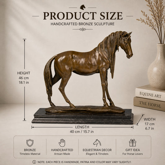 Elegant standing horse bronze statue with lifelike detail. A timeless symbol of grace, calm strength, and refined beauty.