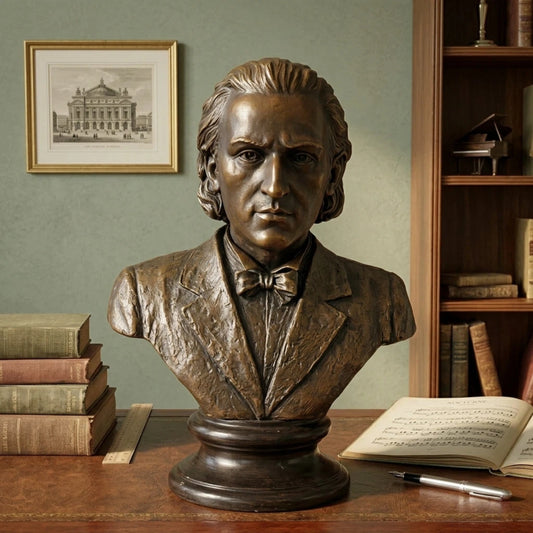 Frédéric Chopin bronze bust displayed as elegant piano room, music studio, and library decor
