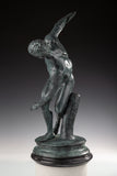 Classical Discobolus bronze statue of a discus thrower in a coiled pose, realistic ancient Greek athlete statue on tiered black marble base, loss wax casting fine art.
