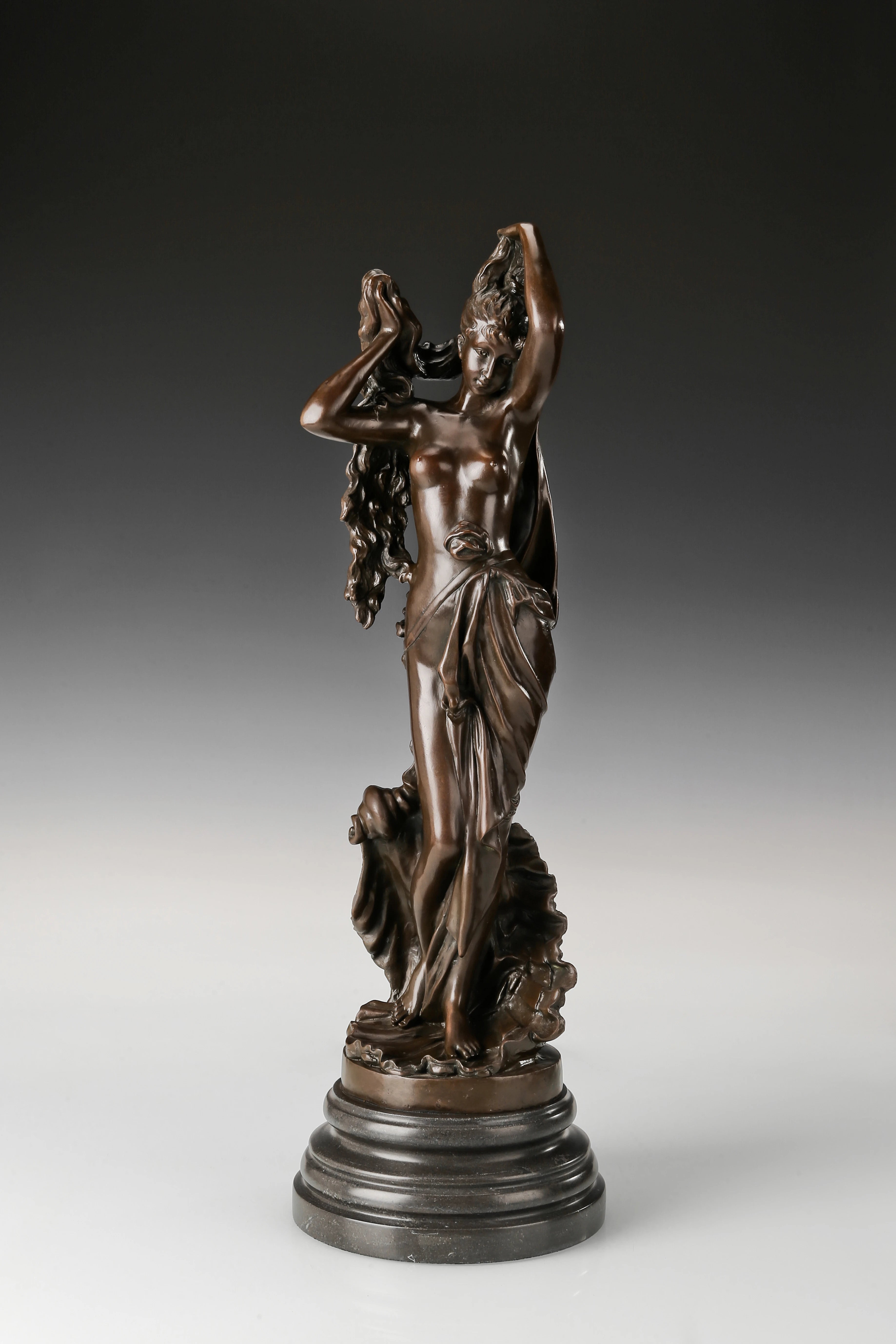 Handcrafted Birth of Venus bronze sculpture featuring the classical goddess with flowing drapery