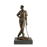 Handcrafted bronze golfer sculpture in a relaxed standing pose with golf club. Lost-wax cast golf statue for offices, golf clubs, golfers, gifts.