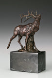 Handcrafted bugling elk bronze sculpture with large branching antlers and marble base, ideal for offices, studies, cabins, lodges and wildlife-inspired interiors.