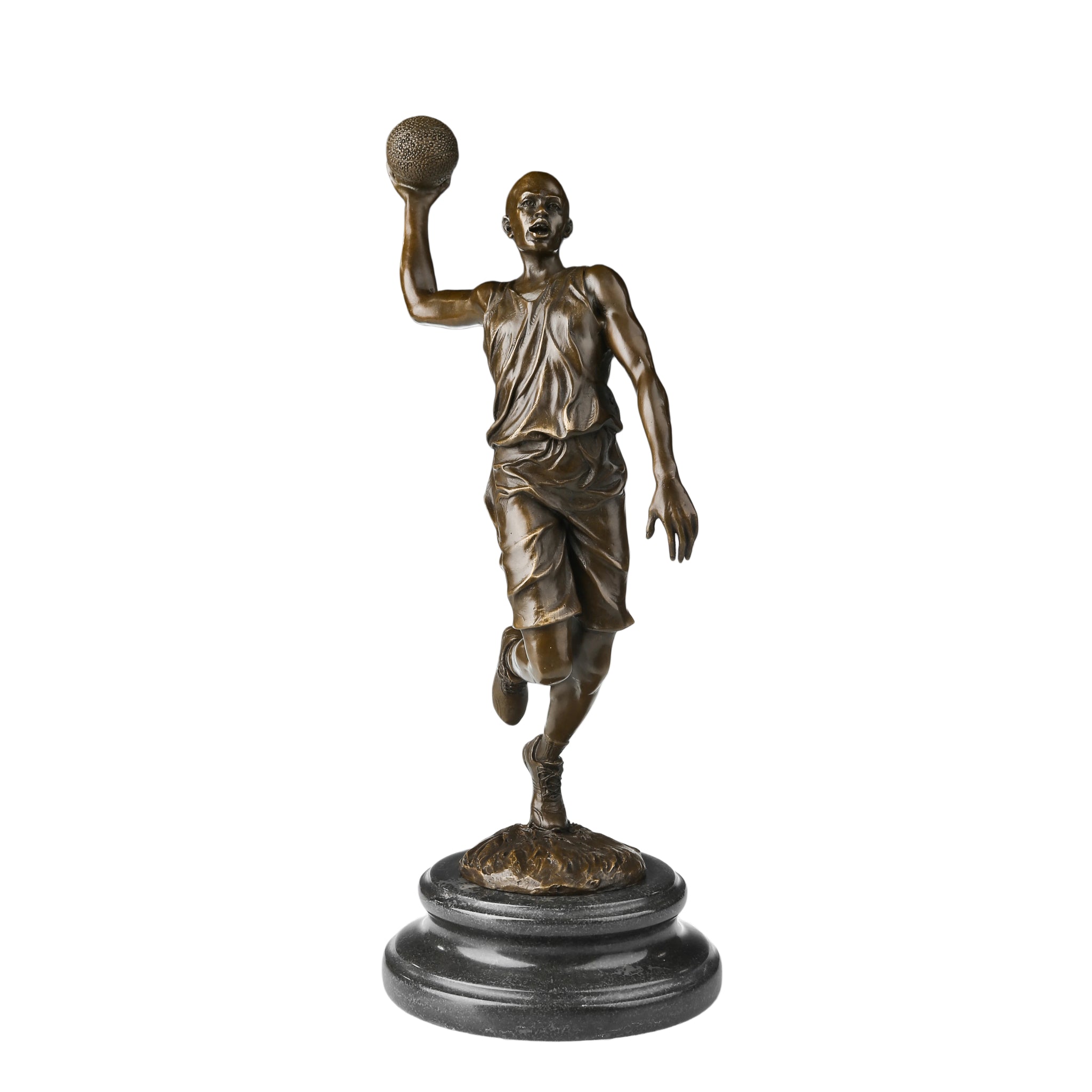 Handcrafted solid bronze basketball player sculpture captured in a dynamic one-handed layup pose. Lost-wax cast sports statue for players, coaches, clubs, offices, gifts, and art collections.