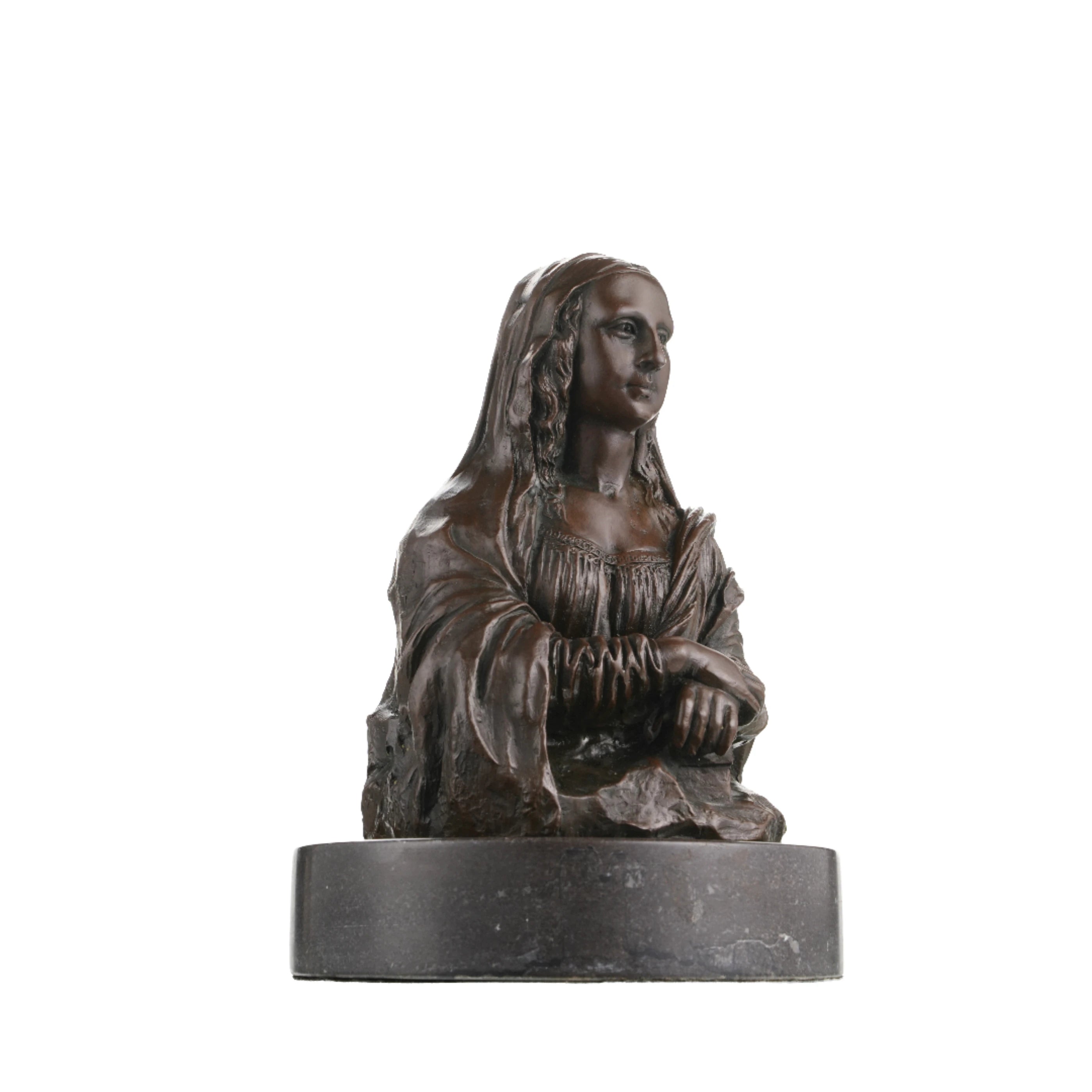 Bronze bust sculpture of the Mona Lisa, inspired by Leonardo da Vinci’s masterpiece. A refined collectible artwork for classical interiors and art lovers.