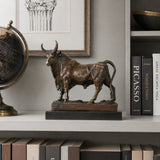 Majestic standing bronze bull statue with thick neck folds and detailed musculature, realistic animal sculpture on black marble base, lost wax casting fine art.