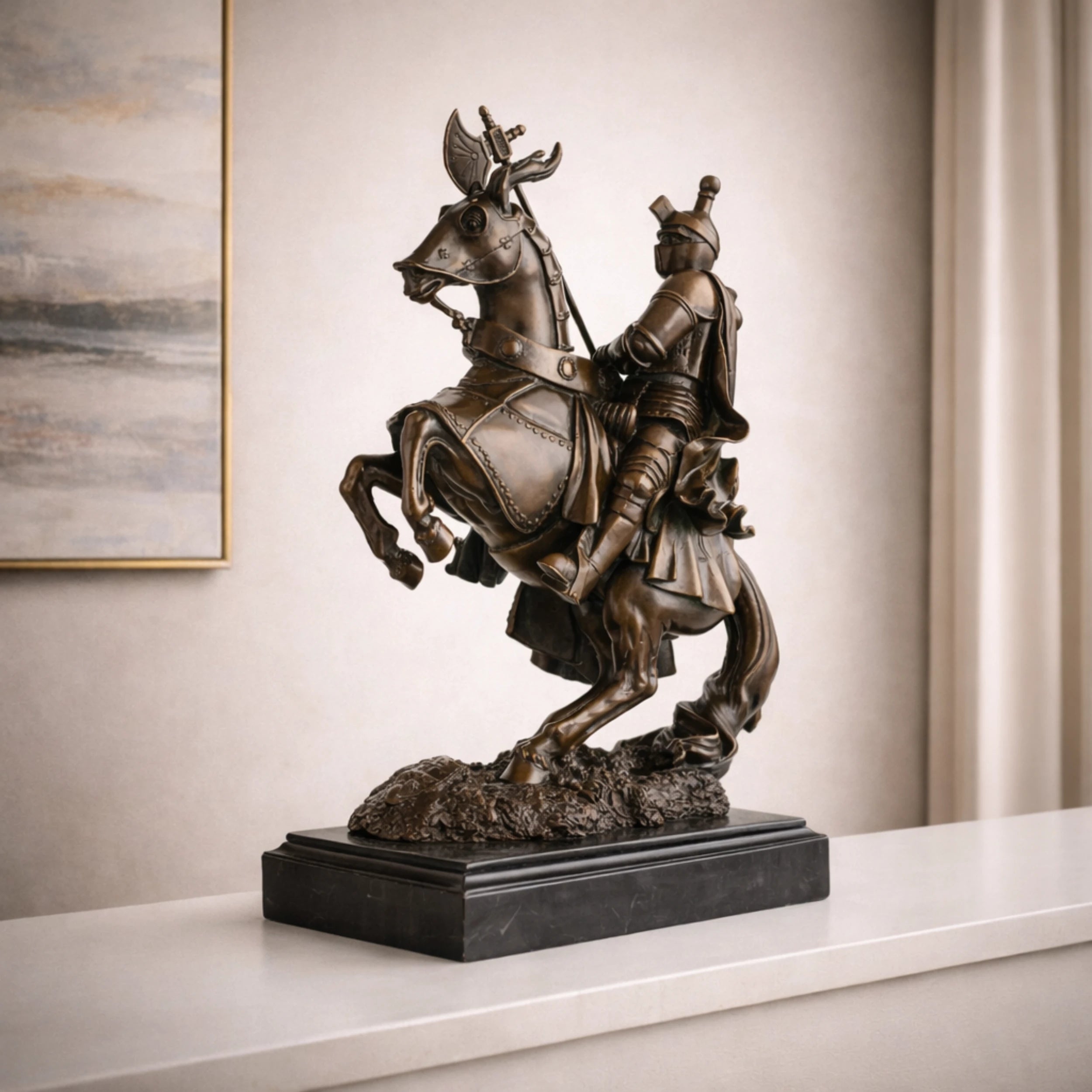 Medieval knight in plate armor on rearing horse bronze sculpture, detailed horse barding and armor statue on black marble base, loss wax casting historical art.