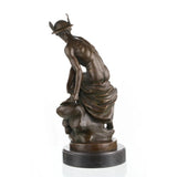Classical bronze Hermes Mercury statue with winged hat, dynamic athletic god sculpture on round black marble base, loss wax casting mythological art.