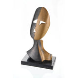 Modern abstract bronze split-face bust sculpture, signed Guia Cubist style art, black and warm bronze two-tone patina on polished plinth.
