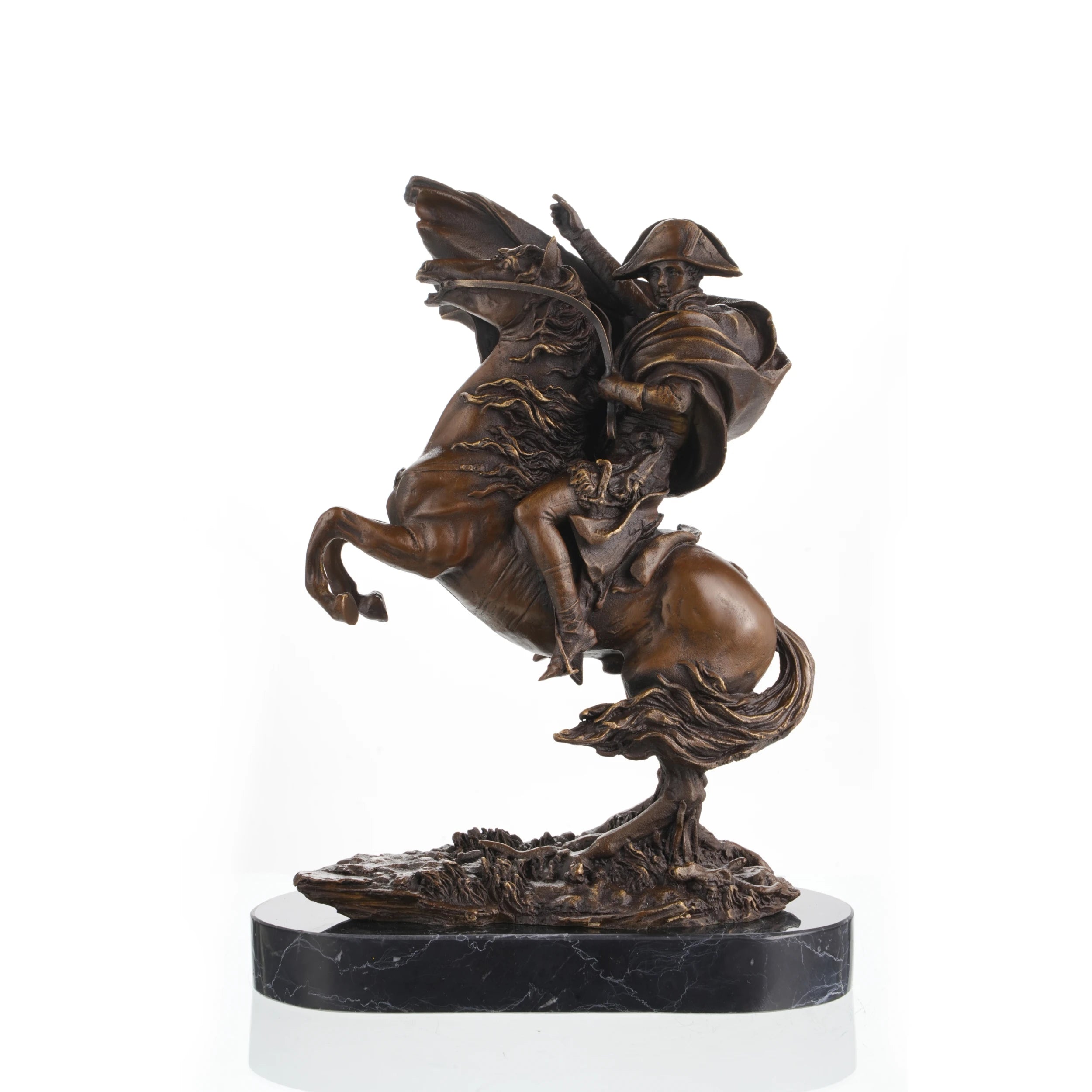 Powerful bronze Napoleon Bonaparte crossing the Alps sculpture, rearing horse equestrian statue on oval black marble base, loss wax casting historical fine art reproduction.