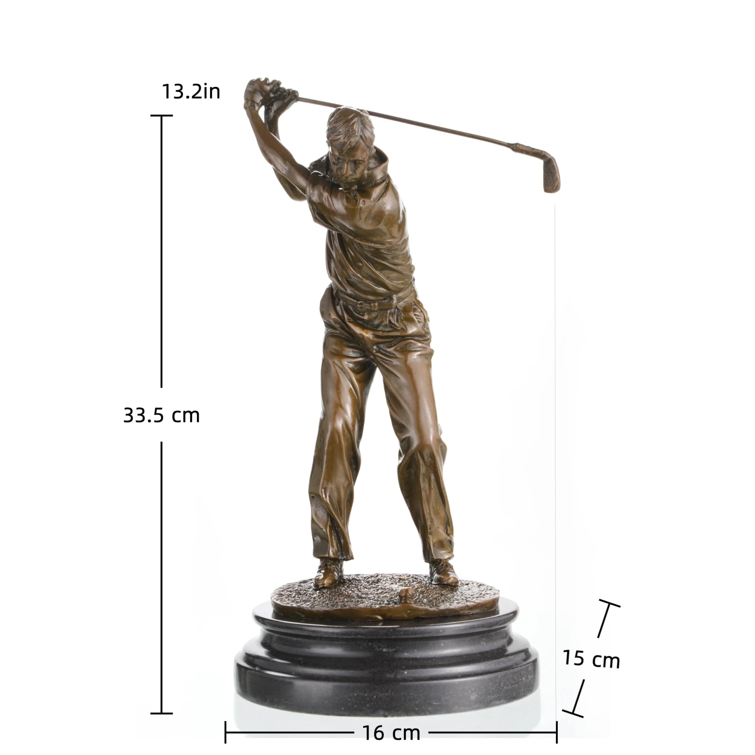 Realistic bronze male golfer mid-swing sculpture, luxury golf trophy on black marble base, professional sports office decor.
