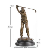Realistic bronze male golfer mid-swing sculpture, luxury golf trophy on black marble base, professional sports office decor.