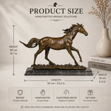 Realistic galloping horse bronze sculpture with detailed musculature on marble base