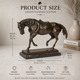 Realistic saddled horse bronze sculpture with detailed saddle and calm posture on marble base