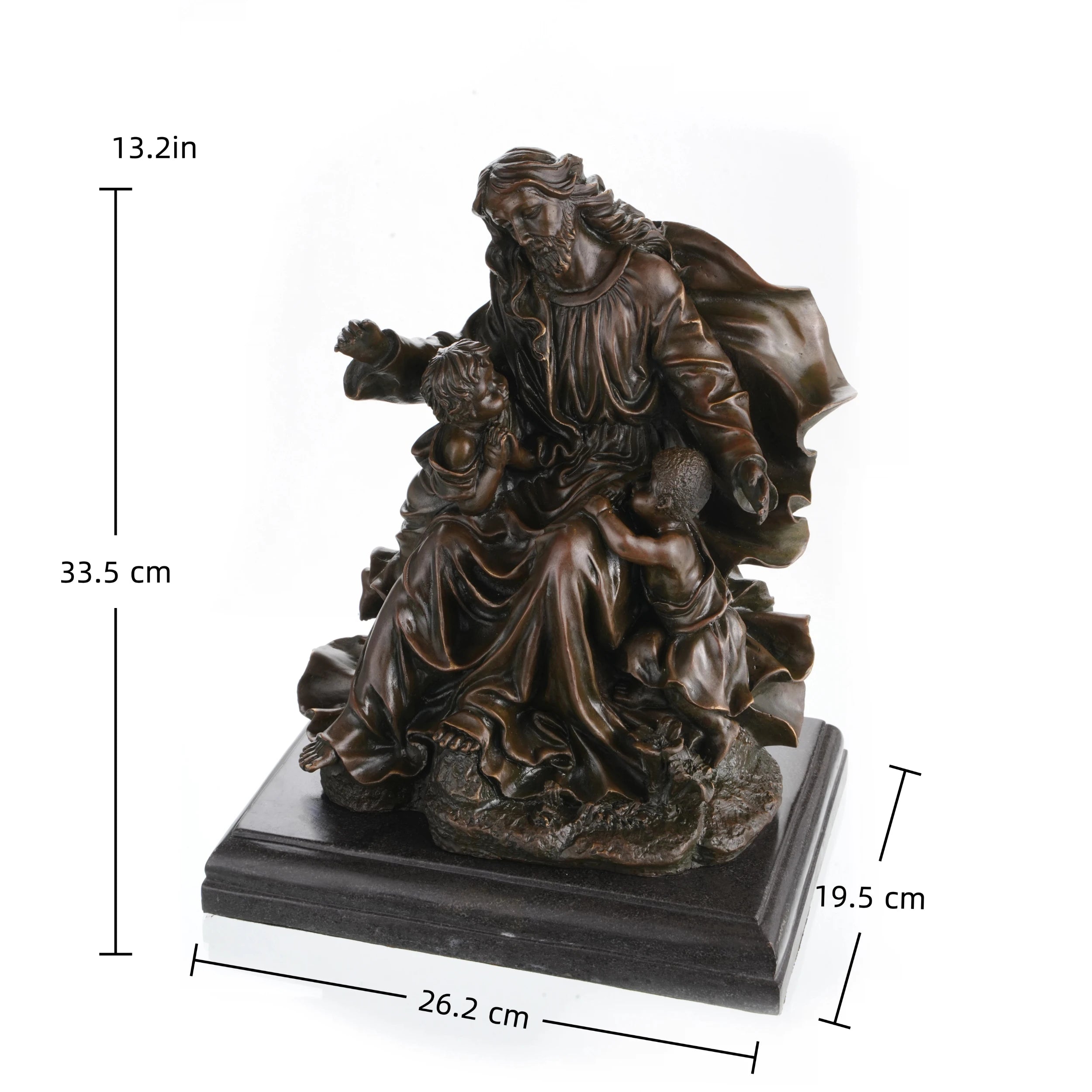 Bronze Jesus Christ with the children sculpture, biblical scene statue of Jesus welcoming little children, loss wax casting religious art on black marble base.