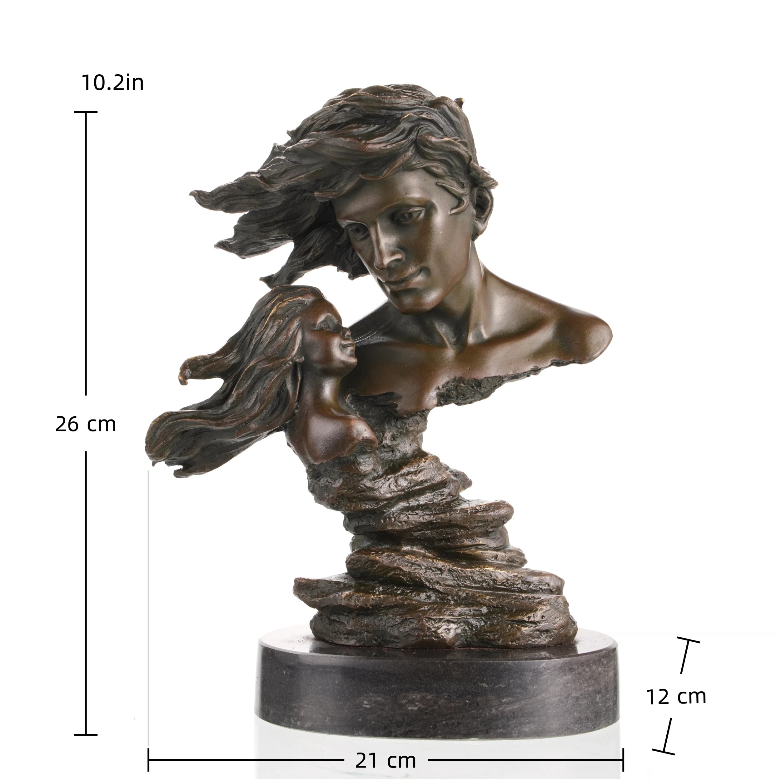 Modern bronze sculpture of a couple in love with billowing hair, windswept lovers floating bust on round black marble base, loss wax casting romantic art.