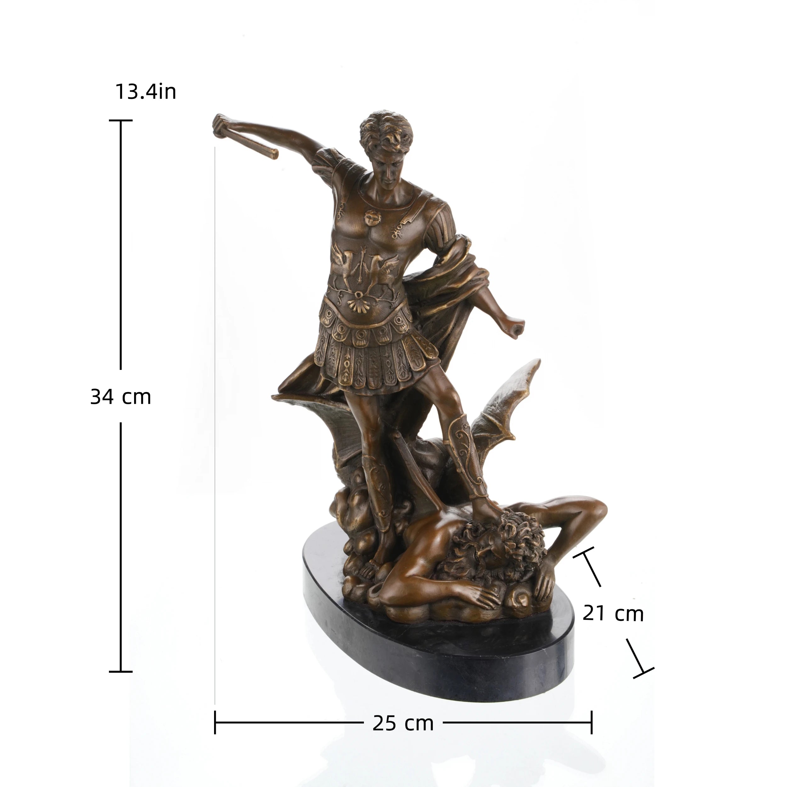 Saint Michael the Archangel bronze statue vanquishing Satan, detailed Roman armor warrior angel sculpture on oval black marble base, loss wax casting religious art.