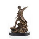 Saint Michael the Archangel bronze statue vanquishing Satan, detailed Roman armor warrior angel sculpture on oval black marble base, loss wax casting religious art.