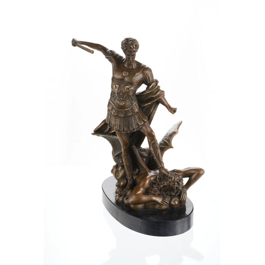 Saint Michael the Archangel bronze sculpture vanquishing Satan, detailed Roman armor warrior angel sculpture on oval black marble base, loss wax casting religious art.