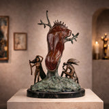 Salvador Dalí bronze melting clock sculpture Persistence of Memory, surrealist statue with winged faun and female figure on black marble base, loss wax casting fine art.