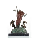 Salvador Dalí bronze melting clock sculpture Persistence of Memory, surrealist statue with winged faun and female figure on black marble base, loss wax casting fine art.