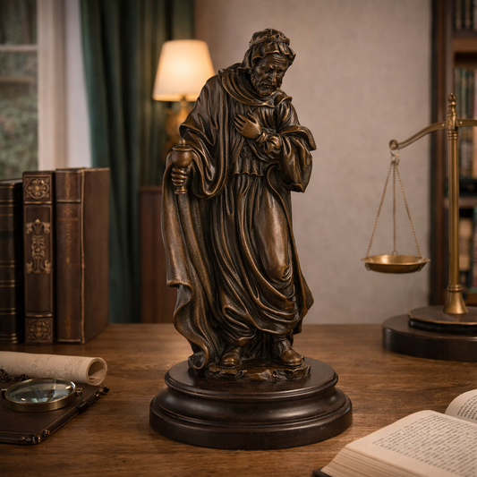 Solid bronze biblical magus statue with offering vessel, sacred religious wise man sculpture on round marble base.