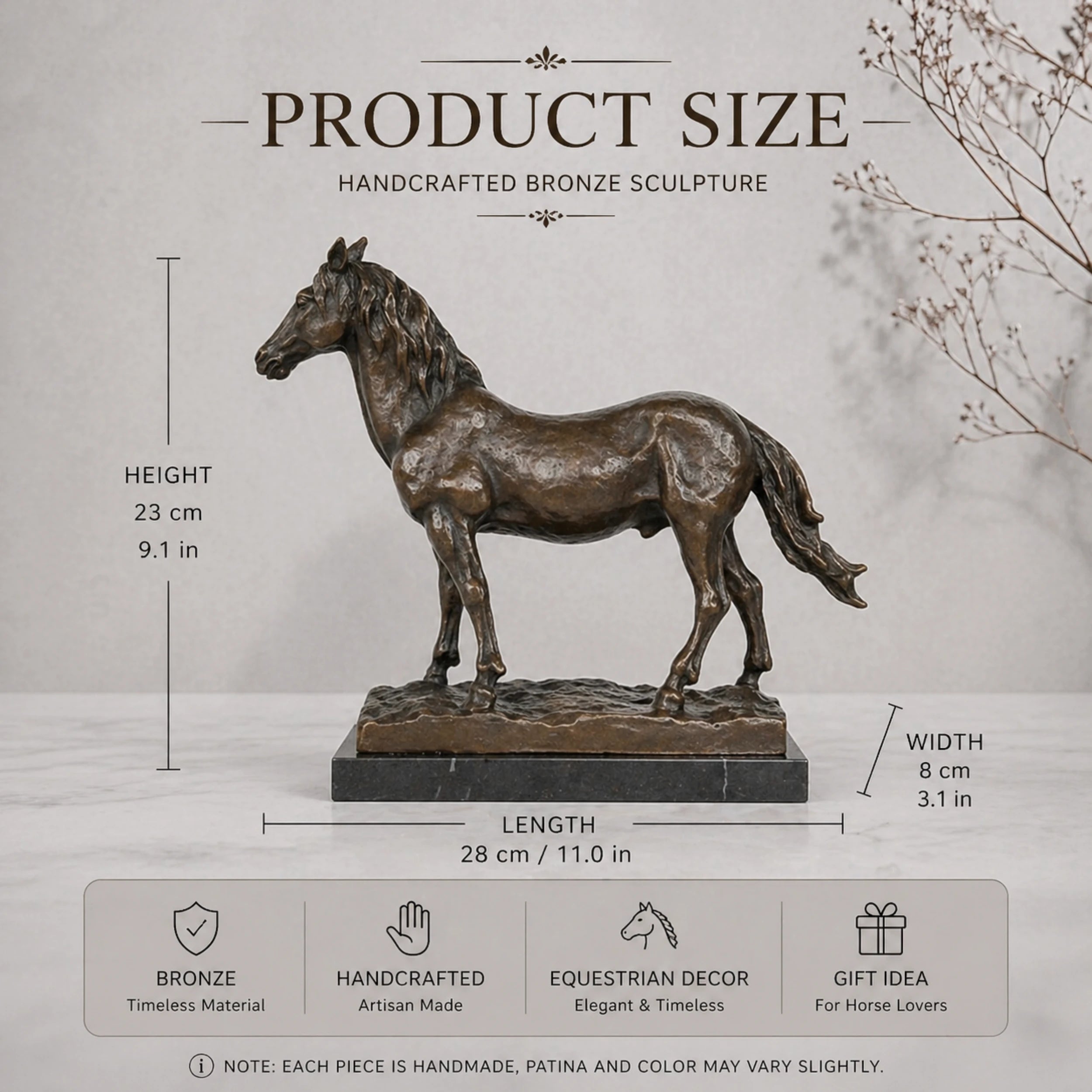 Naturalistic standing bronze horse sculpture with detailed musculature and flowing mane, realistic equestrian statue on black marble base, lost wax casting fine art.