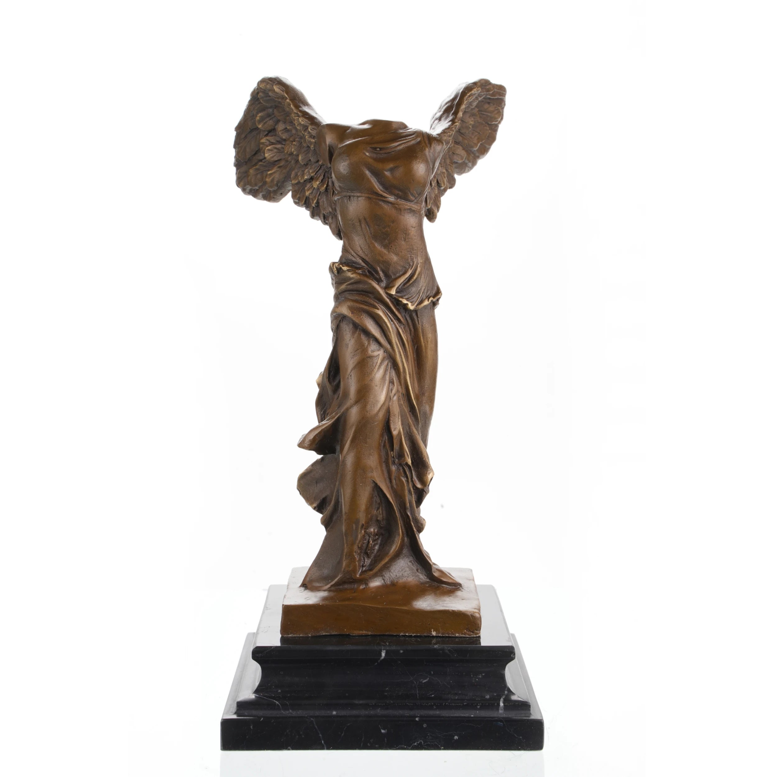 Winged Victory of Samothrace bronze sculpture with outstretched wings, Greek goddess Nike statue with wind-swept drapery on tiered black marble base, loss wax casting classical art.