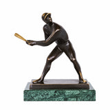 Handcrafted abstract bronze baseball player sculpture in a dynamic batting stance with bat in both hands